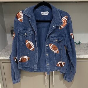 Live Love Gameday Blue Jean Jacket with Sequin Football Design